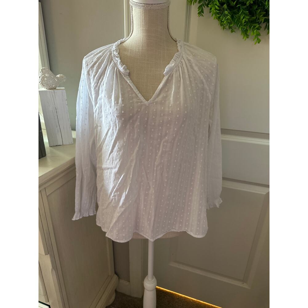 J Crew Size Medium White Long Sleeve Popover Dotted Swiss Top Coquette
